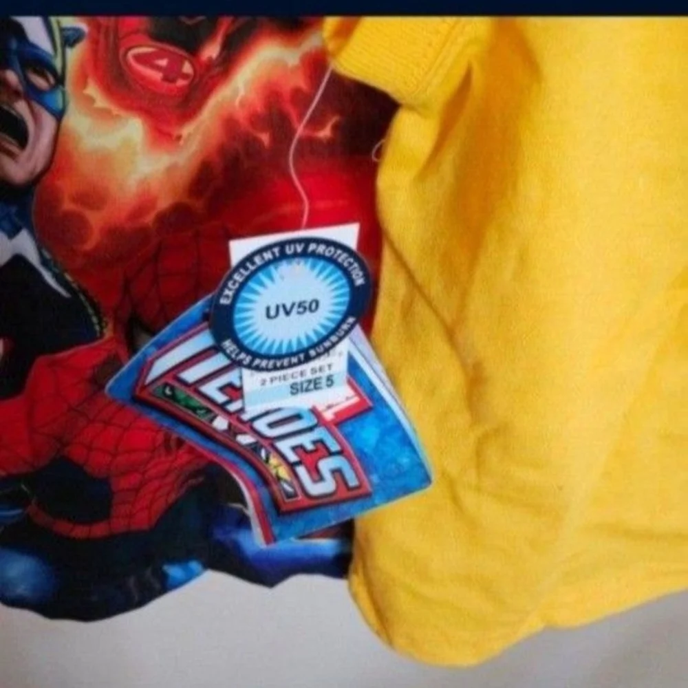 Vibrant Yellow Superhero Shirt And Short Swim Set with Marvel Graphics. Boys 5T - Picture 4 of 6